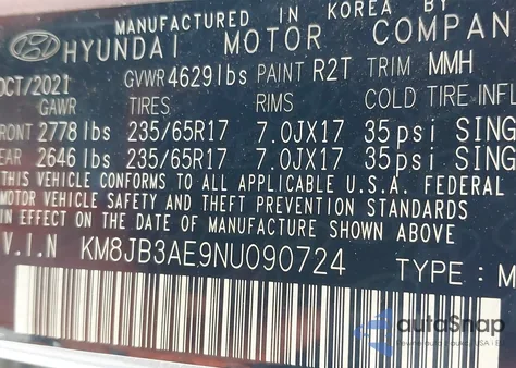 2022 Hyundai Tucson Sel z USA, uszkodzony, nr VIN KM8JB3AE9NU090724